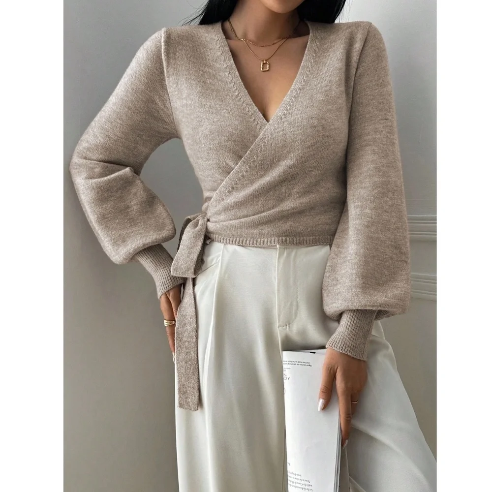Khaki Wrap Knit Cardigan Long Sleeve Side Tie - Picture 3 of 8